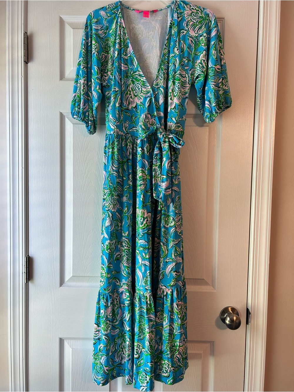 Lilly Pulitzer Brantley Turquoise Floral Wrap Midi Dress with Tie
